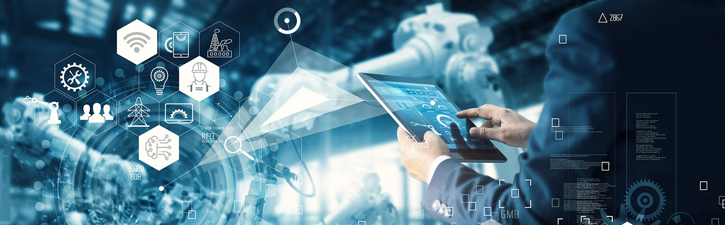 Manager Technician Industrial Engineer working and control robotics with monitoring system softwar
