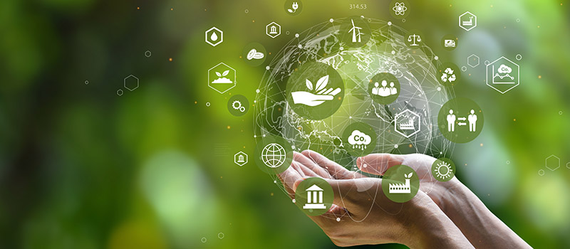 ESG icon concept. Environment, society and governance. Energy of natural gas sustainable and ethical business on network connection on green background.